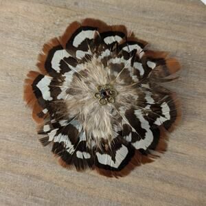 Genuine Feather Hair Clip Handmade Brown White Flapper Pheasant Snap Barrette